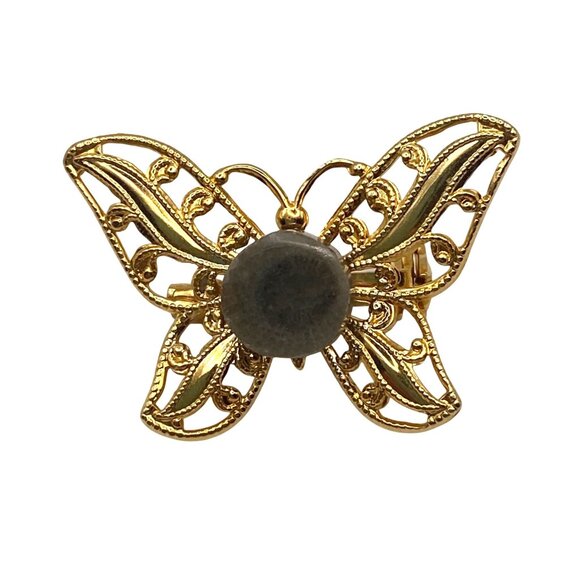 Jewelry - Vtg Petoskey Stone Butterfly Brooch Filigree Gold Tone Pin Box Michigan Fossil